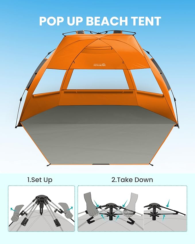 OutdoorMaster Beach Tent Sun Shelter for 3-4 Person Pop Up Beach Tent Easy Setup with Sandbags Portable Sun Shade Canopy with Carrying Bag for Beach &amp Outdoor UPF50+ UV Protection Family Size