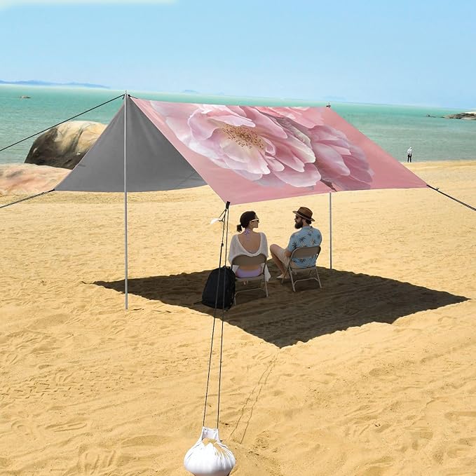 ALAZA Pink Rose Flowers Beach Tent Sun Shelter UPF50+ Protection Beach Shade Canopy w/ 4 Sandbags for Outdoor Camping Fishing Backyard Fun Picnic 10x9 ft