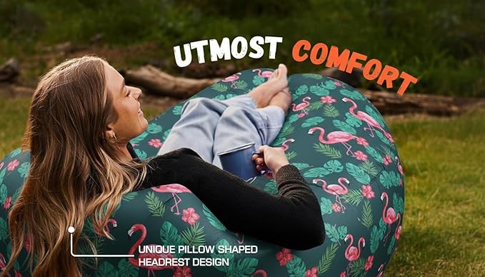 Inflatable Lounger with No-Pump Setup Floating Portable Air Chair Ripstop Polyester Stability Peg for Beach Camping Festivals Tailgating (Navy Black)