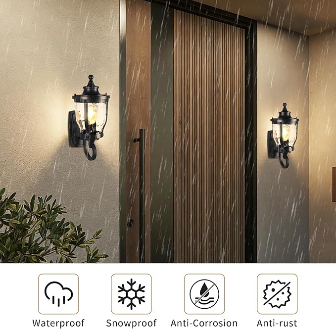 JYZ 15 Outdoor Wall Light Lantern Anti-Rust Exterior Wall Sconce with Hammered Water Ripple Glass Waterproof Matte Black Outside Lighting Fixture for Front Door Porch Garage
