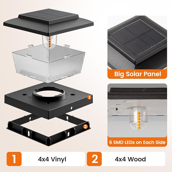 APONUO Solar Post Cap Lights with Flickering Flame &amp Warm White 8-Pack for 4x4 Wood/Vinyl Posts Solar Powered Deck &amp Fence Lights Auto On/Off IP65 Waterproof Matte Black
