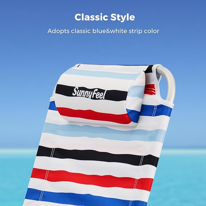 SUNNYFEEL Portable Beach Chair High Back Folding Beach Chair Lightweight Camp Chair with Reclining Position Backpack Lounger for Beach Camping Lawn Outdoor Red Blue White Striped