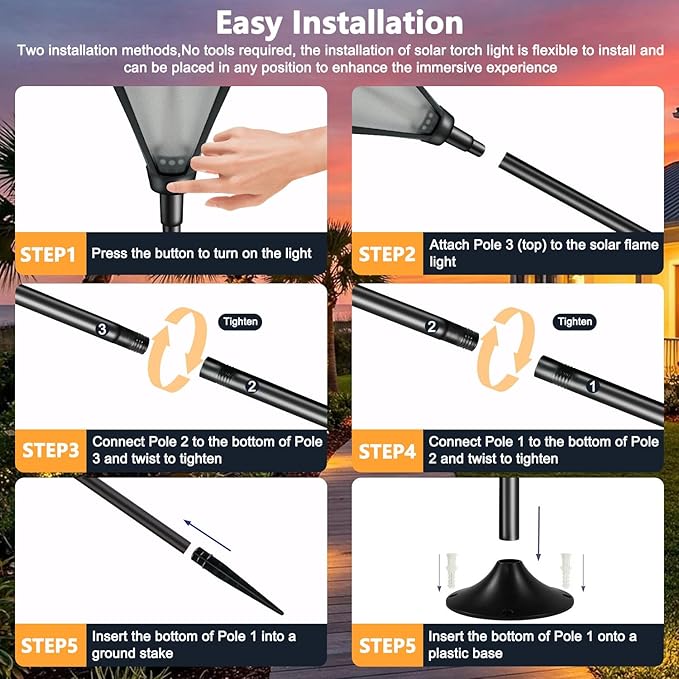 Upgraded Extra-Tall Solar Lights Outdoor 2 Pack Flickering Flame Solar Torch Lights with 61Tall &amp Super Larger Size Solar Flame Lights Waterproof Tiki Torches for Outside Garden Patio Yard Path