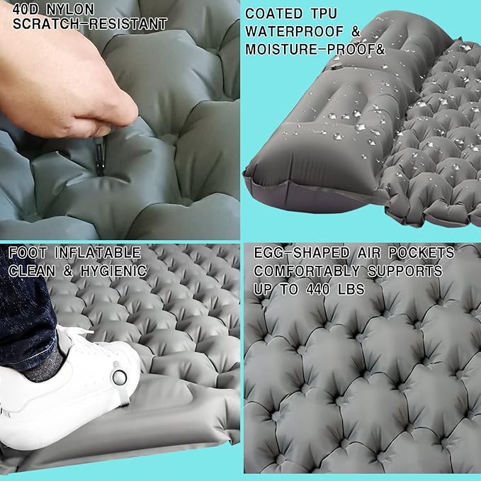 Double Sleeping Pad Camping Self Inflating 4'' Extra-Thick 2 Person Pillow Built-in Foot Pump Waterproof Inflatable Sleeping Mat Backpacking Tent Hiking Portable Camping Pad (Grey-Full)