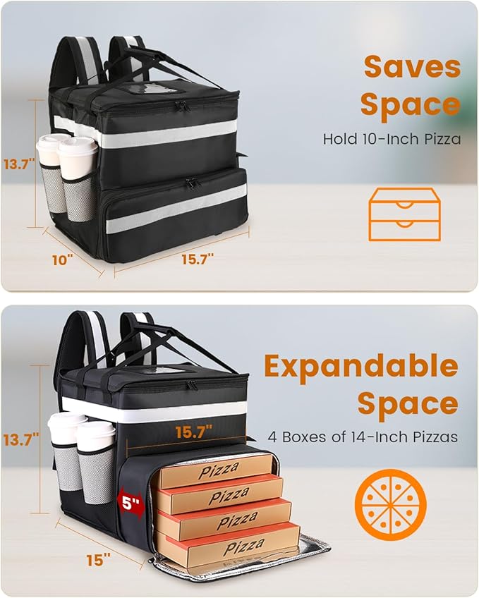 Bodaon Food Delivery Backpack with 2 Base Plates Dual-Layer Insulated Compartments Waterproof Lining Reflective Strip - Pizza Delivery Bag for Bike Couriers Grocery Takeout Food Transport