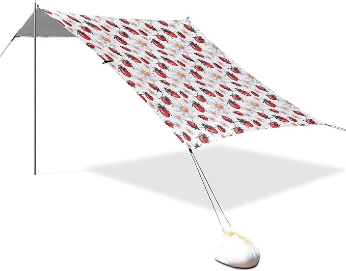 ALAZA Lady Bug Daisy Flower Beach Tent Sun Shelter UPF50+ Protection Beach Shade Canopy w/ 4 Sandbags for Outdoor Camping Fishing Backyard Fun Picnic 10x9 ft