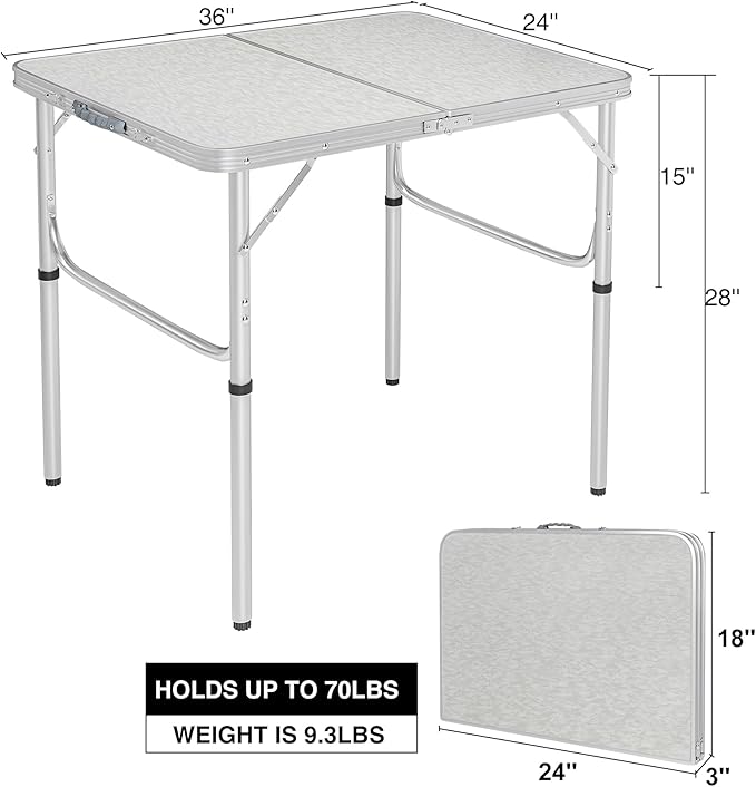 RedSwing Aluminum Folding Table 3 Feet Adjustable Height Lightweight and Portable Camping Table 36x24 Inches