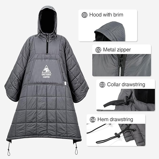 ONETIGRIS Camping Blanket Poncho with with Recycled Synthetic InsulationWearable Hoodie Blanket | Ultralight Water-Resistant Warm Camping Blanket for Outdoor Hiking Stadium