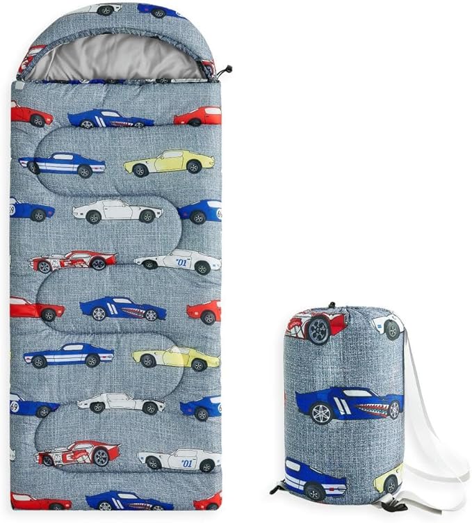 Wake In Cloud - Kids Sleeping Bag for Boys Toddlers Camping in Warm Cold Weather Backpacking Lightweight Compact Outdoor Liner for 3 Seasons Race Cars Vehicles