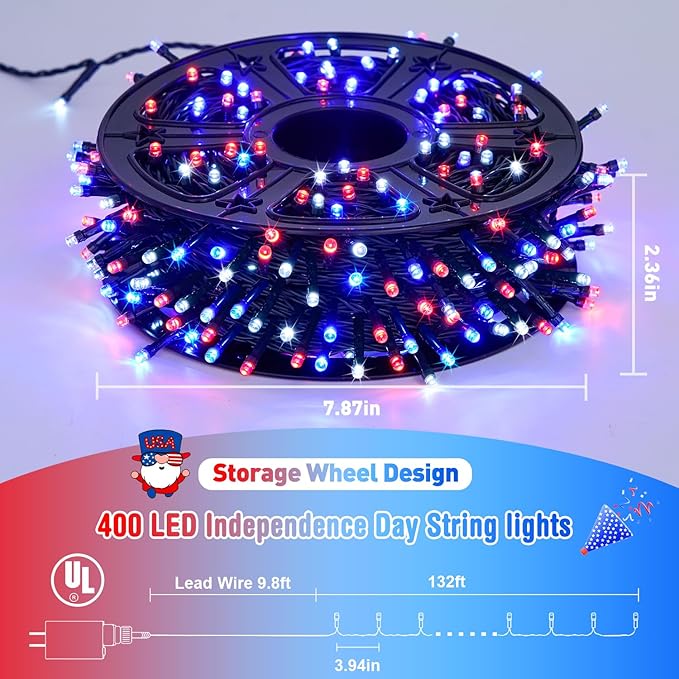 JMEXSUSS 400 LED Red White and Blue Lights Plug in 4th of July Decorations Patriotic Lights Outdoor for American Holiday Tree Party Independence Memorial Day Decor