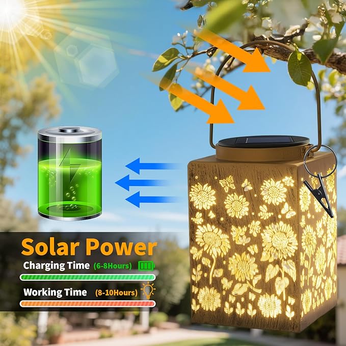 2 Pack Solar Lanterns - Waterproof Metal Hanging Solar Lights Outdoor Decorative Solar Powered LED Lamp for Patio Tabletop Porch Deck Yard Garden Decor for Outside (Sunflower)