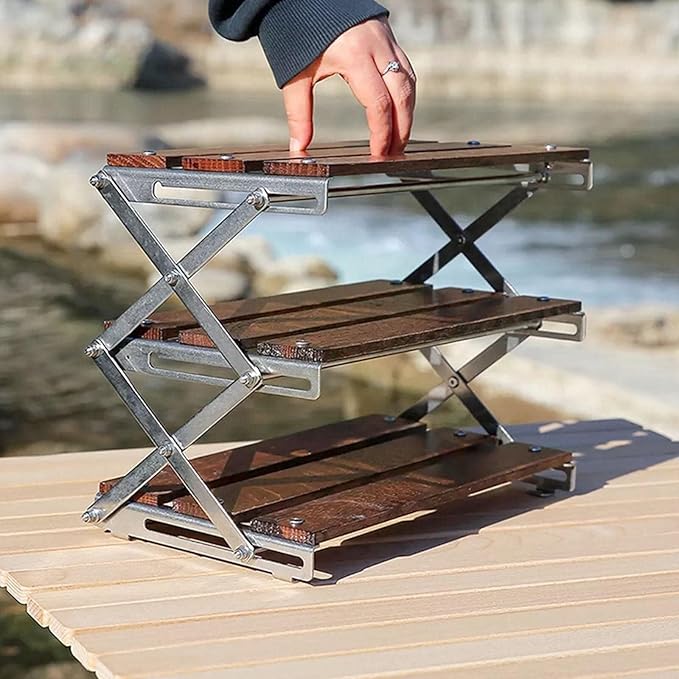 Outdoor Camping Three-Tier Foldable Rack Portable Bamboo Side Table for Picnic Barbecue Camping Easy to Fold and Carry