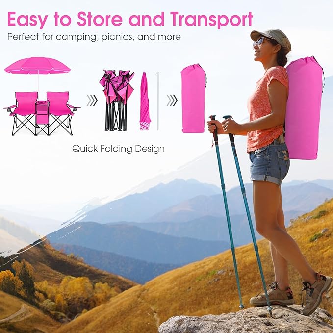 Beach Chair with Umbrella Portable Camping Chair with Cooler Bag Cup Holders Side Pocket Carrying Bag Double Folding Chair for Picnic Patio Canopy Outside (Pink)
