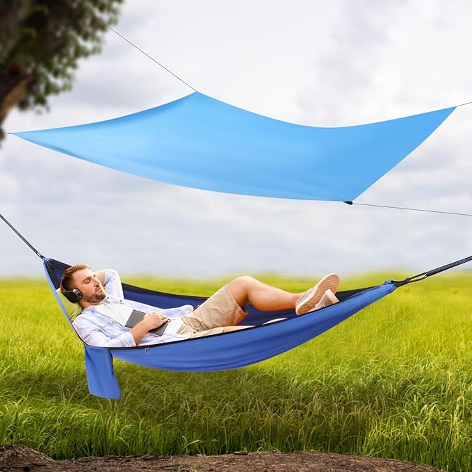 Camping HammockPortable Camping Hammock with Mosquito Net and Waterproof Tarp200kg Heavy-Duty Hammock for BackpackingHikingTravel-Lightweight and Compact Blue Design