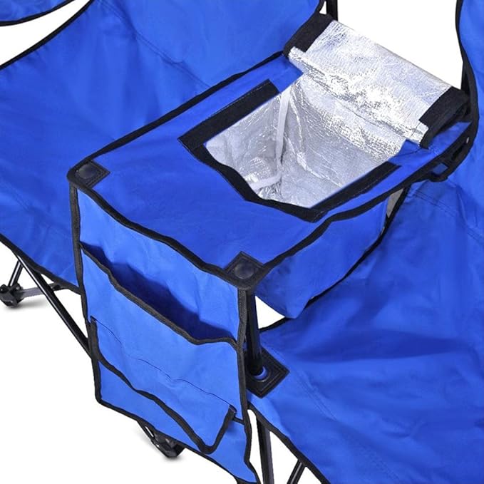 GoTEAM! Portable 2-Seat Folding Camp Chair with Cooler Umbrella &amp Cup Holders – Outdoor Picnic Beach or Tailgate Seating – Carry Case Included