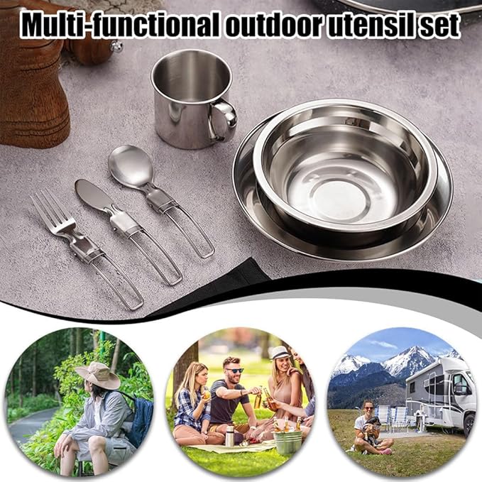 2PCS Camping Mess Kits Stainless Steel Camping Dishes Including Cups Bowls Plates Knives Forks Spoons for 2 Persons Backpacking Hiking Picnic