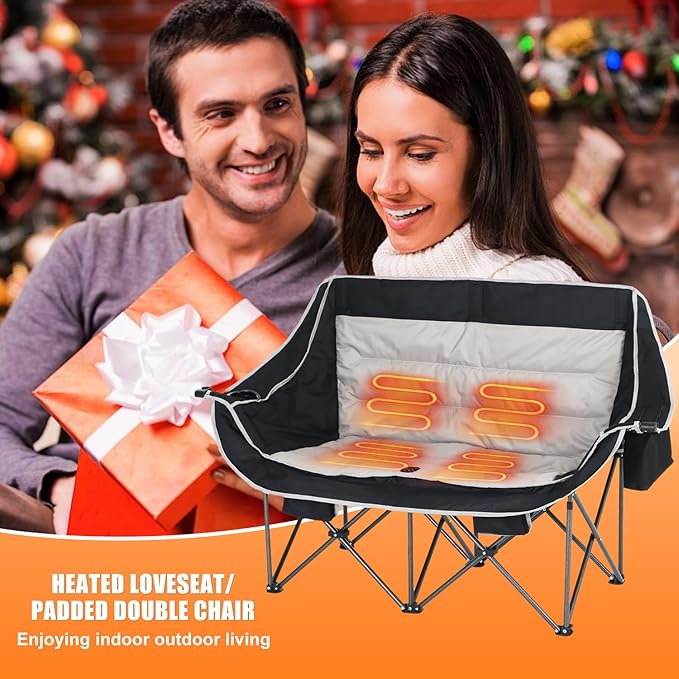 CDEN Heated Camping Chair with Battery Padded Chair Oversized Camping Loveseat Double Camping Chairs with Cup Holder Cooler Bag Wine Holder Dual Power Banks Included(Black &amp Gray)