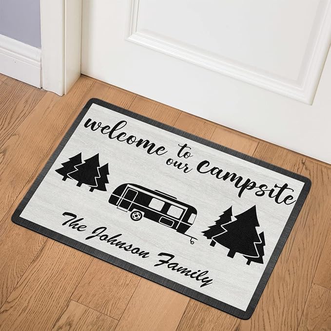 Personalized Happy Campers Doormat - Custom Family Name and Rv Camping Door Mat Accessories for Inside Outside Campsite Decor Travel Trailers Decorative Gift Welcome Motorhome Rugs 16 x 24 inches