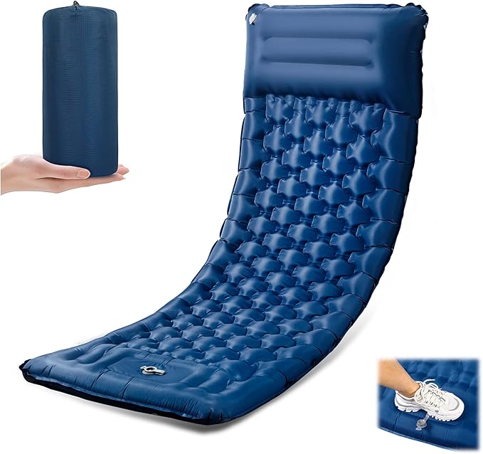 Sleeping Pad 4.7 Extra-Thick &amp Ultralight Inflatable Camping Mat with Pillow Built-in Foot Pump Compact for Backpacking Camping Hiking Travel — Navy Blue