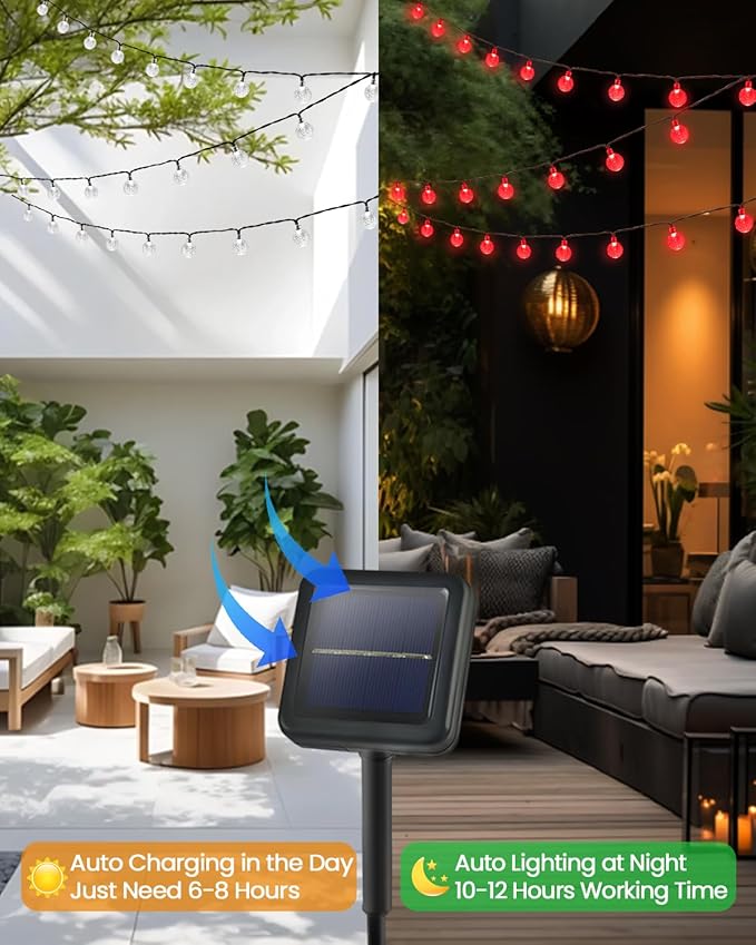2-Pack 100 LED Red Solar String Lights Outdoor - 64FT Crystal Globe Waterproof Solar Powered Lights for Outside with 8 Lighting Modes for Patio Decorations Garden Party Porch Wedding Yard