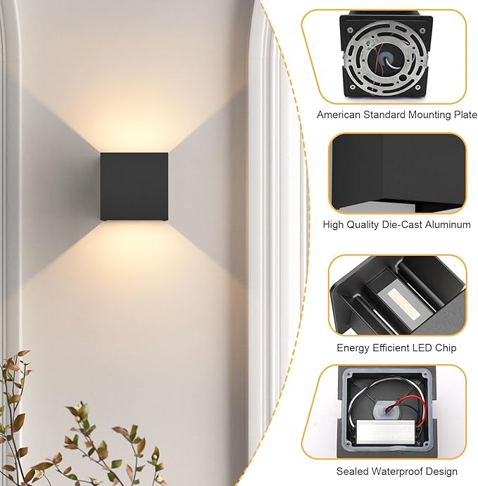 4.7inches Modern Cube Led Wall Light20W 3000K Up Down Hardwired Outdoor Wall SconcesIP65 Waterproof Aluminum Wall Lamp with Adjustable Beam Size for Garage Garden Porch Patio(Black2Pack)