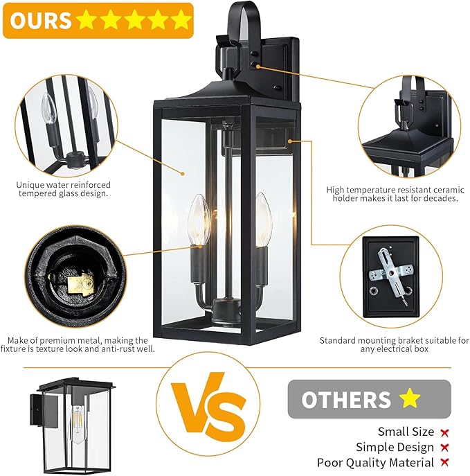 18'' Large Outdoor Light Fixture 2 Packs Black Porch Lantern Wall Mounted Waterproof 2-Light Exterior Lighting Fixtures with Clear Tempered Glass Modern Sconce Outside Lights for House Patio Garage
