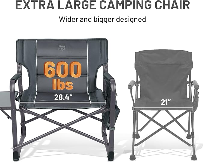TIMBER RIDGE XXL Upgraded Oversized Directors Chairs with Foldable Side Table Detachable Side Pocket Heavy Duty Folding Camping Chair up to 600 Lbs Weight Capacity (Grey) Ideal Gift 2 Pack