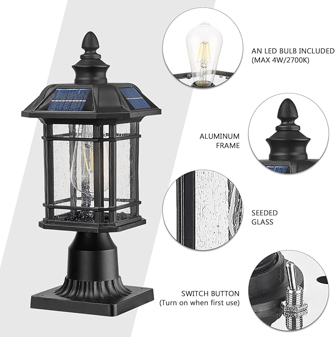 Emliviar 16 Inch Outdoor Solar Post Light Dusk to Dawn Pier Mount Lamp Post Light with Remote Control Black Finish with Seeded Glass Shade A2202110P1-SL BK