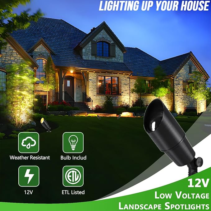 wowlite Matte Black Aluminum Outdoor Spot Lights with 4 Light Bulbs 5W 2700K Warmlight 12V Low Voltage Landscape Lighting Fixture IP65 Waterproof LED Uplights for Garden Courtyard Pathway 4 Pack