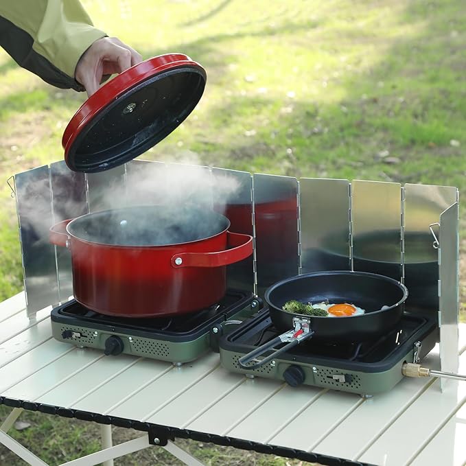 2 Burner Camping Stove with Windscreen Portable Folding Gas Stove with 17200 BTU Adjustable Burners12 Plates Foldable Aluminum Camping Stove Windshield Suitable for Propane &amp Butane