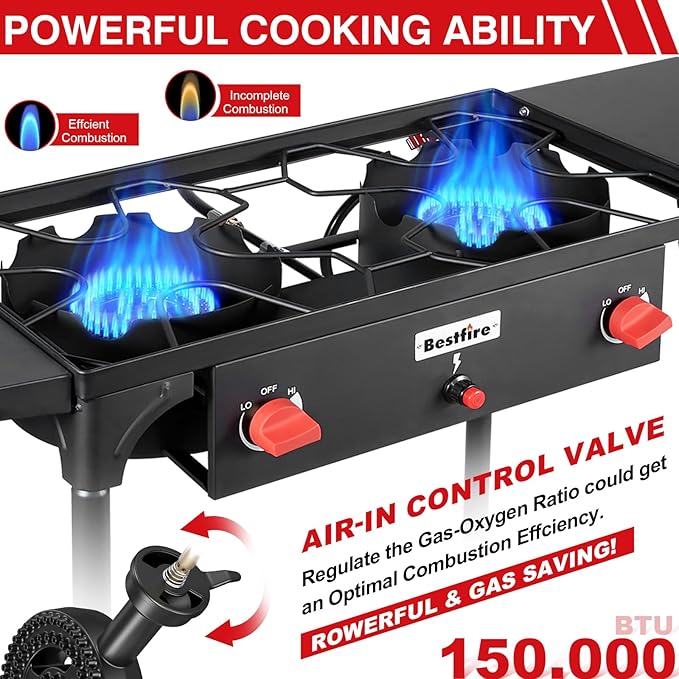 Bestfire 2 burner Camping Stove with Auto Ignition ButtonSide Shelves &amp Regulator150000 BTU High Pressure Gas Stove Propane Burner With Removable Legs for Outdoor BBQ&ampBackyard Cooking Campin
