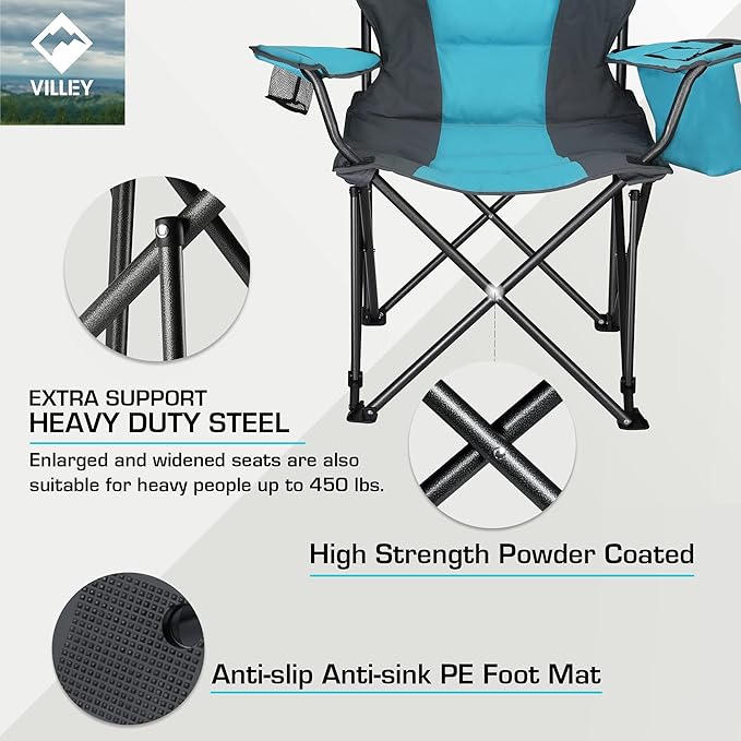 VILLEY Camping Chair Oversized Folding Camp Chair Portable Outdoor Chairs Support 450 LBS with Padded Seats Cooler Bag Cup Holder Carry Bag Blue