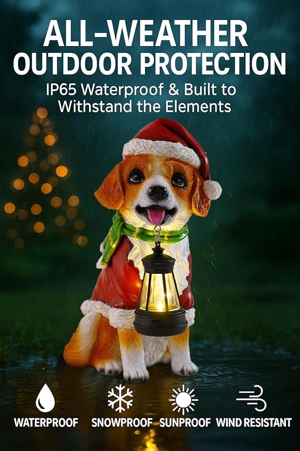Christmas Dog Garden Statue with Solar Lantern – Santa Dog Figurine in Red Coat &amp Hat Outdoor Christmas Yard &amp Porch Decorations Balcony &amp Lawn Decor for Dog Lovers