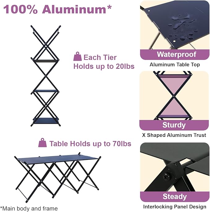 Folding Camping Table &amp Shelf 2-in-1 Portable Aluminum Picnic Table and 3-Tier Storage Rack Lightweight Low Table with Carrying Bag for Outdoor Beach Picnic BBQ and Party