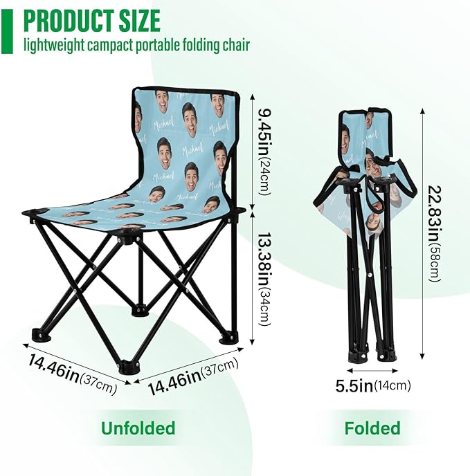 Sinestour Pale Blue Custom Photo Folding Camping Chair for Teen Child Personalized Name 14.6×14.6in Portable Outdoor Chair with Carry Bag for Beach Picnic Barbeques