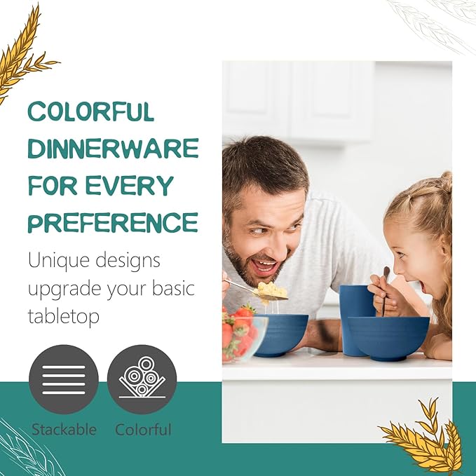 Teivio 32-Piece Kitchen Plastic Wheat Straw Dinnerware Set Service for 8 Dinner Plates Dessert Plate Cereal Bowls Cups Unbreakable Colorful Plastic Outdoor Camping Dishes Autumn Blue