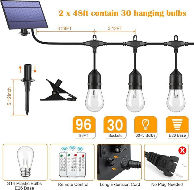 Mlambert 2 Pack Each 48FT 3-Color in 1 Solar String Lights Outdoor Dimmable Patio Lights with Remote 30+5 Waterproof LED Bulbs for Cafe Bistro Yard