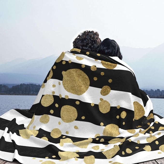 50X40 Faux Gold Paint Splatter On Black &amp White Stripes Lightweight Flannel Blanket - Soft and Breathable Polyester Suitable for Travel Camping and Home Decoration