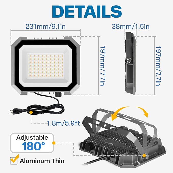 1 Pack LED Flood Lights Outdoor 3CCT 3000/4000/6000K Selectable 100W 10000LM Floodlight Outside Work Light with 5.9FT Plug IP65 Waterproof LED Flood Light for Garage Yard Lawn Garden