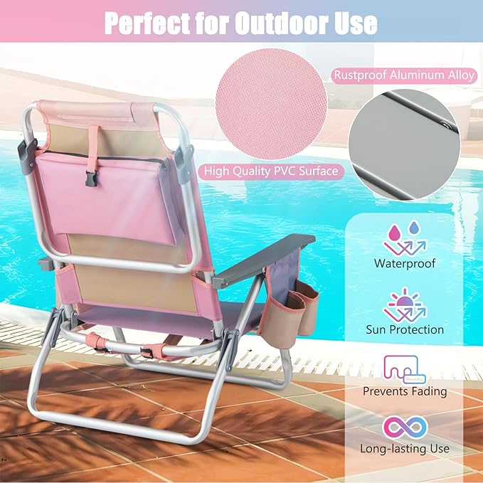 GYMAX Beach Chairs Backpack Camping Chair with Armrest Cooler Bag Cup Holder Towel Bar &amp Side Pockets Sunbath Sling Tanning Lounge Folding Layout Chair (with Table Pink)