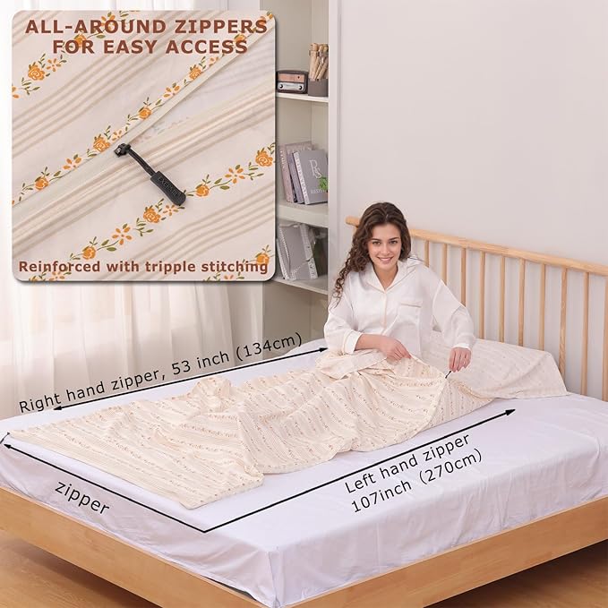 100% Cotton Sleeping Bag Liner with Full Length Zipper on 3 Sides Single/Double Adult Sleep Sack for Travel &amp Camping Multifunctional Travel Sheets (Unzipped 87”x87”) for Hotel Lightweight
