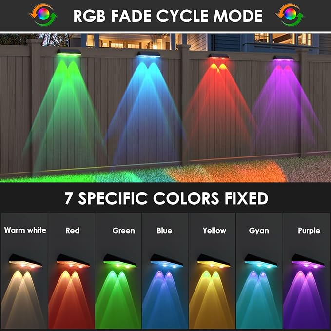 Solar Fence Lights Outdoor Waterproof Led RGB Color Changing Solar Outdoor Lights Fence Solar Powered Light for Outside Backyard Wall Patio Deck Railing Stair (8 Pack)