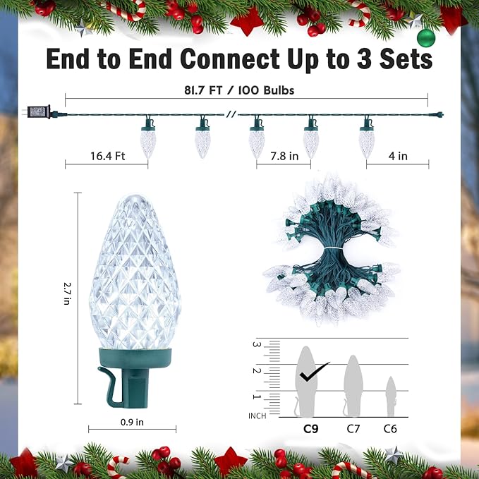 Minetom C9 LED Christmas Lights Outdoor 81FT 100 LED C9 String Lights Waterproof Connectable 8 Modes with Timer &amp Memory Function for Tree Home Yard Party Indoor Outside Cool White