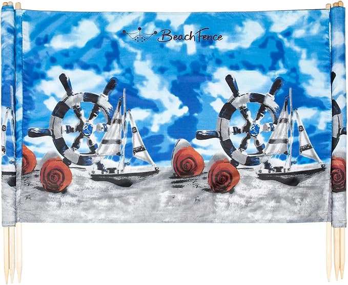 Beach Windscreen Privacy Screen Wind Blocker - Ships and Shells with Mallet and Bag