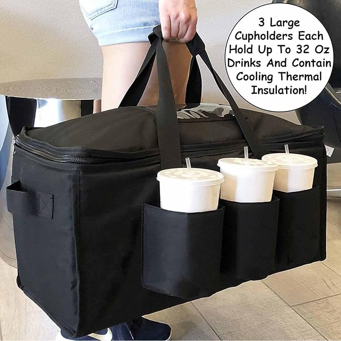 1 PCS Food Delivery Bag Black with Cup Holders/Drink Carriers Great for Beverages Grocery Pizza Commercial Quality Hot and Cold