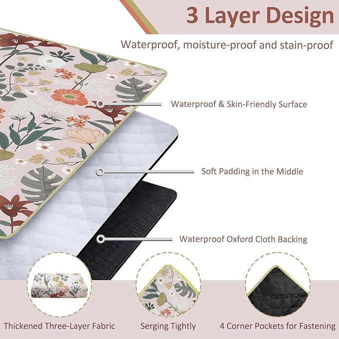 Floral Picnic Blankets Waterproof Foldable 60″X80″ Packable Picnic Mat Flowers Outdoor Blanket for Grass Large Beach Blanket Sandproof Picnic Accessories for Camping Music Festival Park Lawn Travel