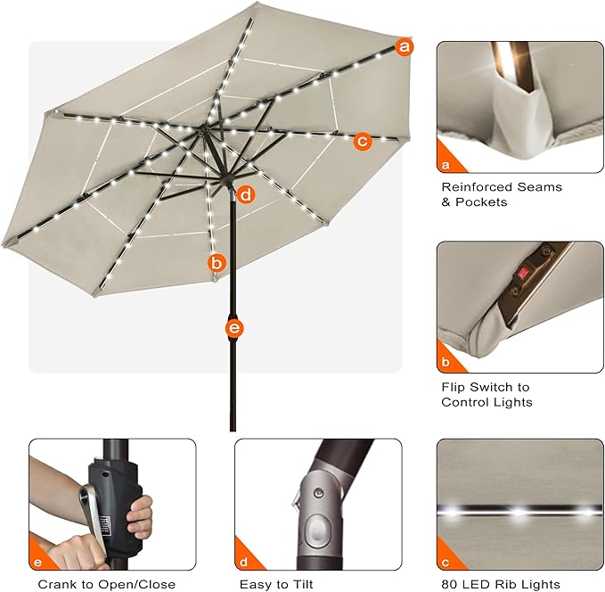 EliteShade USA 10-Year-Non-Fading 10Ft 3 Layers Market Umbrella with 80 LED Lights Patio Umbrella Outdoor Table Umbrella with Ventilation(Beige)