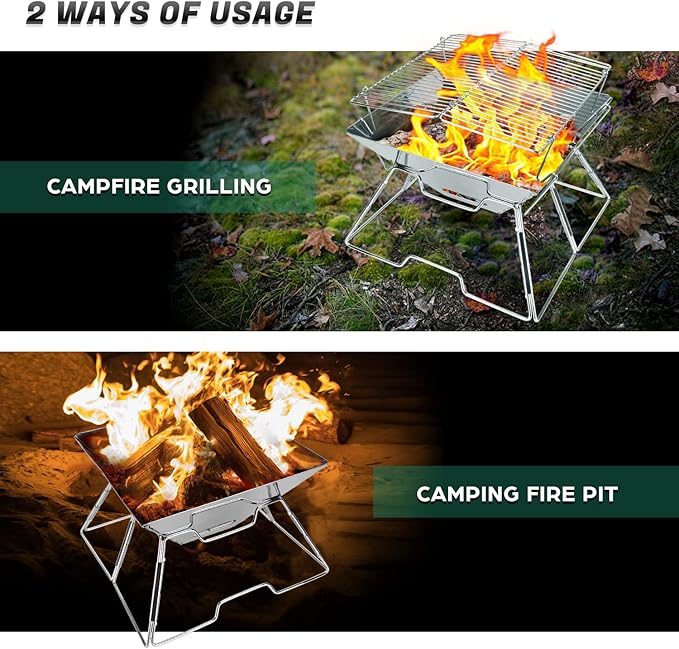 Odoland Folding Campfire Grill 304 Stainless Steel Grate Barbeque Grill Portable Camping Grill with Legs for Picnics Backpacking Outdoor with Carrying Bag and Kitchen Tongs