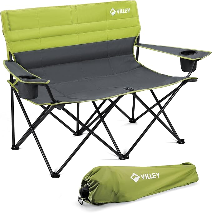 VILLEY Double Camping Chair Extra Wide Loveseat Heavy Duty Padded Camping Couch Portable Folding Camp Chair w/Carry Bag Steel Frame Cup Holders for Camping Lawn Picnic Sports Supports 500 LBS