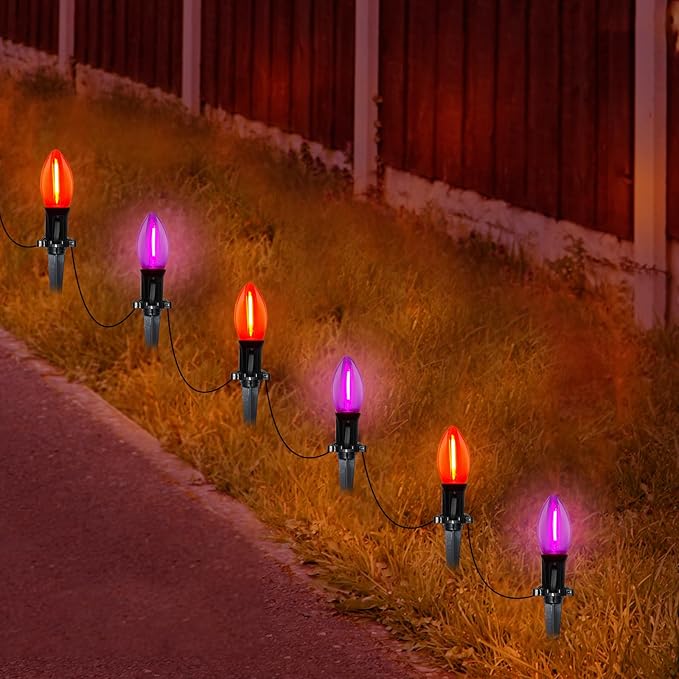 Halloween Pathway Lights Outdoor 19.5Ft Orange Purple Halloween String Lights with 10 C9 LED Bulbs and Stakes Connectable Outdoor Waterproof Marker Stake Lights for Halloweens Path Yard Lawn Garden